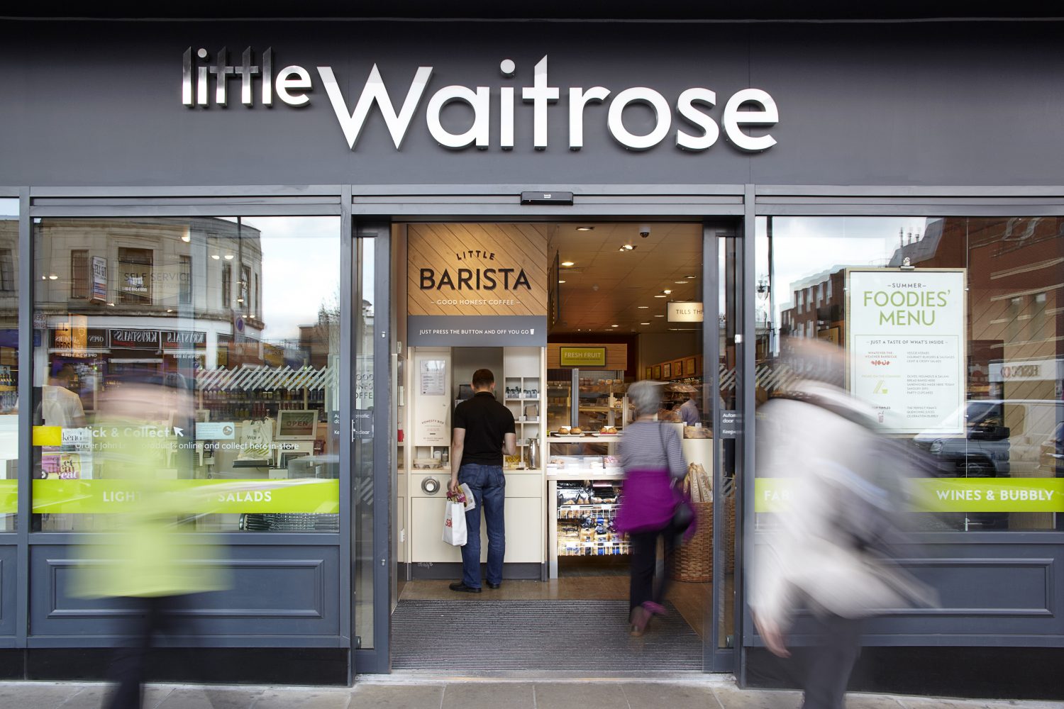 Little Waitrose store entrance showing brand and format design, including in store communications, designed by Household.