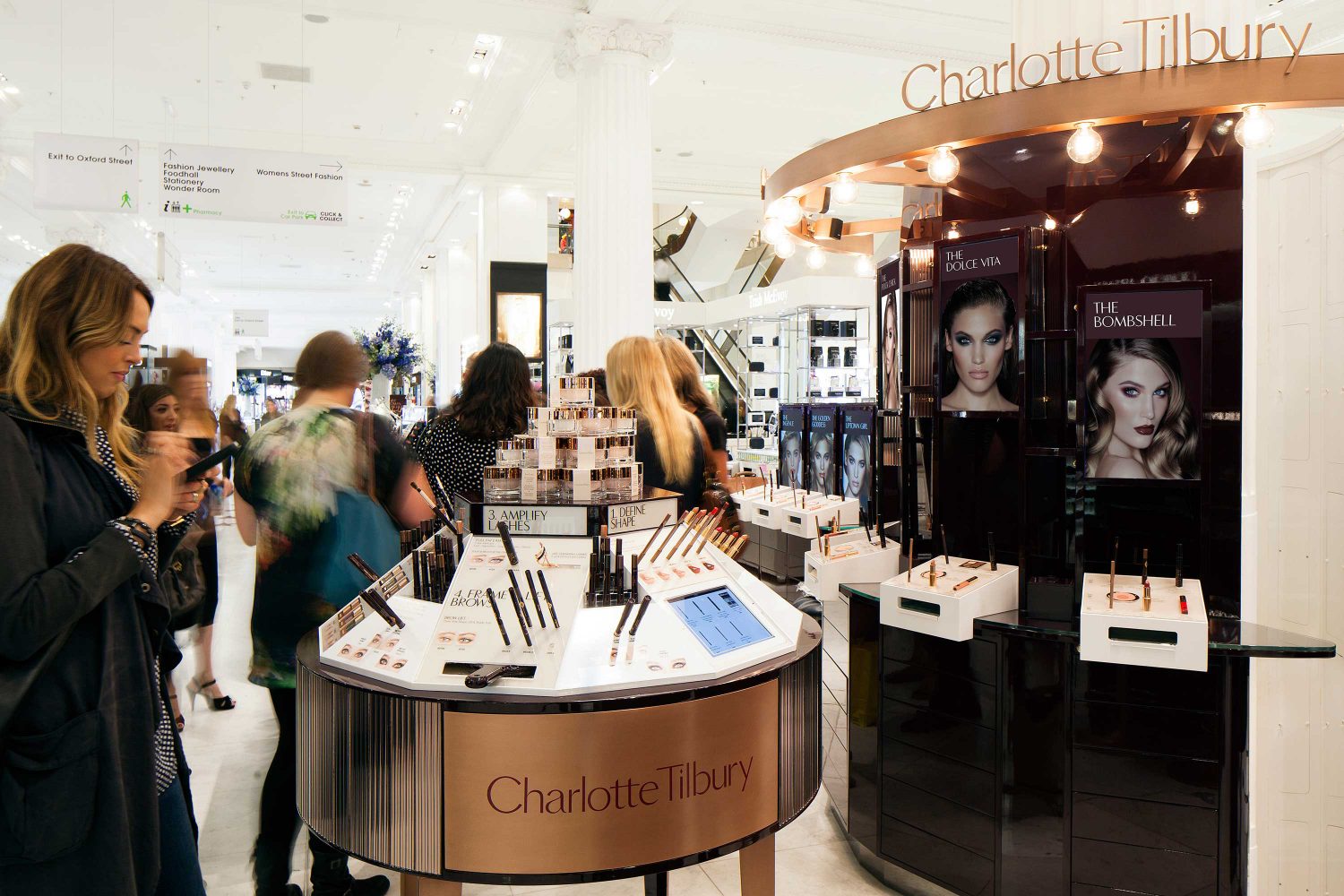 Charlotte Tilbury midfloor make-up display unit at Selfridges London, beauty retail concept, by Household.
