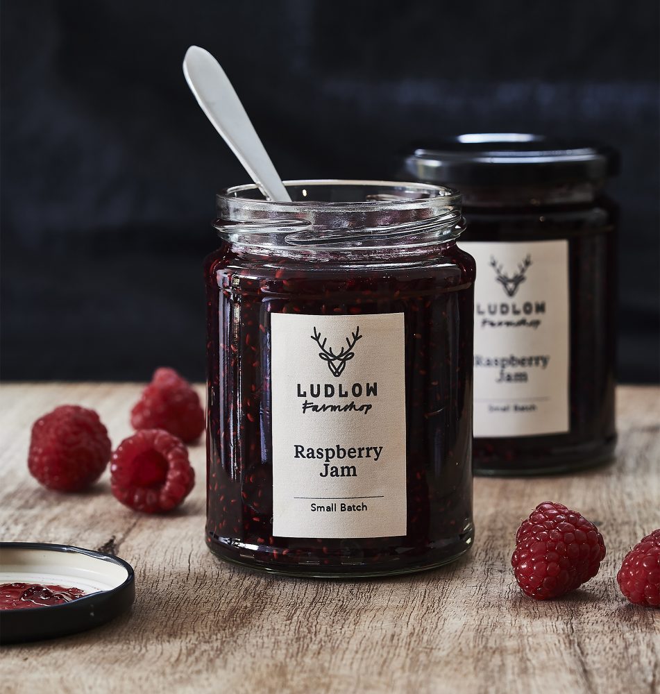 Ludlow Farm brand identity printed on jam bottles. Brand identity, packaging, retail and digital design by Household.