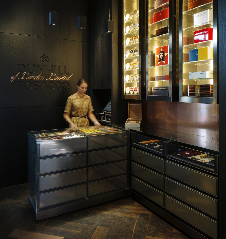 Interior image of cigar counter. Dunhill 1A St James's, Retail and Hospitality Experience Design by Household.