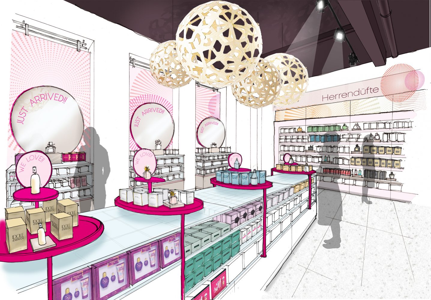 Sketch of Bipa store, product display and VM. Beauty Retail Design by Household.