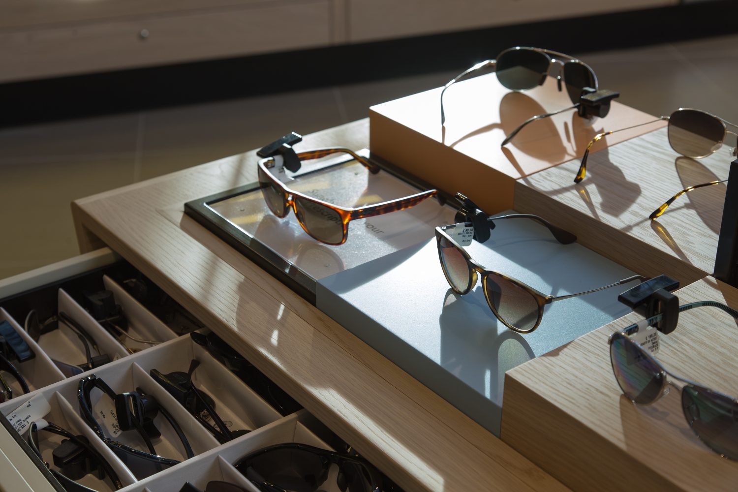 John Lewis Opticians, image of midfloor glasses display unit, John Lewis & Partners, Retail Store and Service Design by Household.